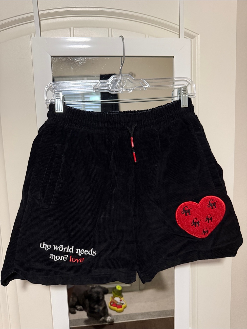Black Corduroy men’s Shorts with 3D Red Heart Embroidery